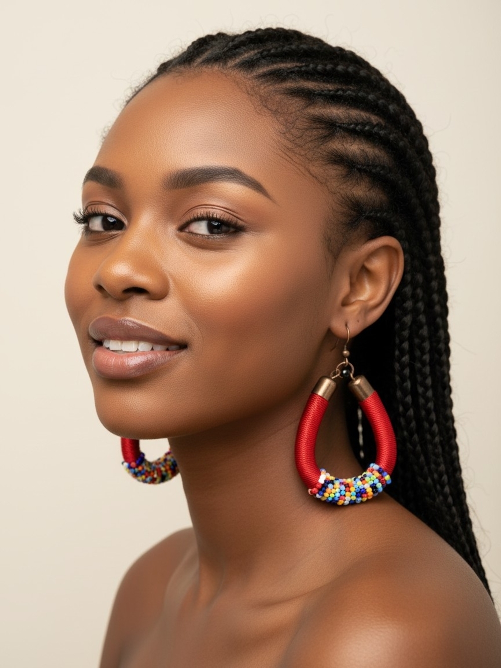 Bold Red Hoop Earrings with Multicolor Bead Accent - Women Jewelry